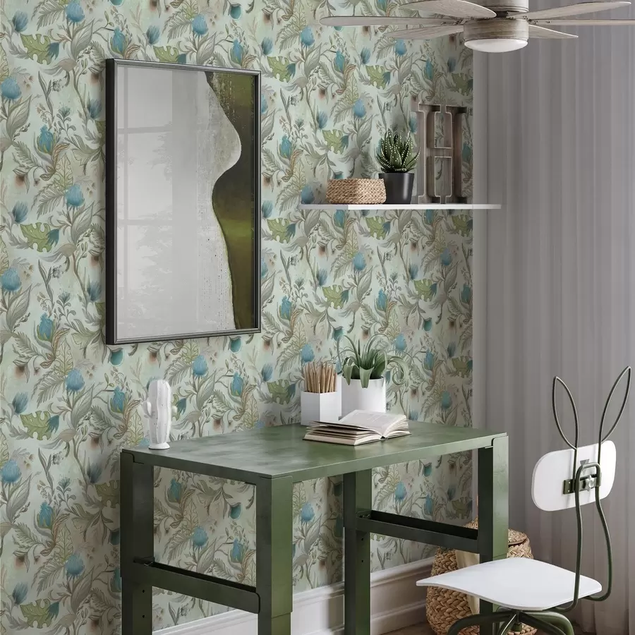 stenske poslikave Modri cvetovi in zelenje na nežnem mint ozadju a00930v1