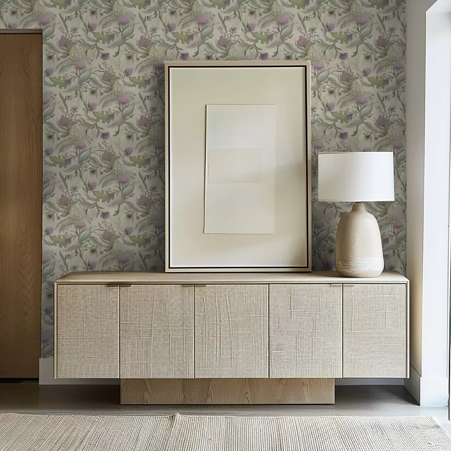 stenske poslikave Lilac buds and soft greenery on a cream background a00930v2