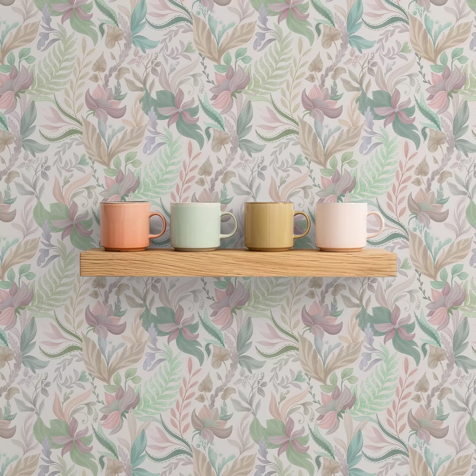 stenske poslikave Nežne pastelne cvetlice in listi na svetlem ozadju a00931