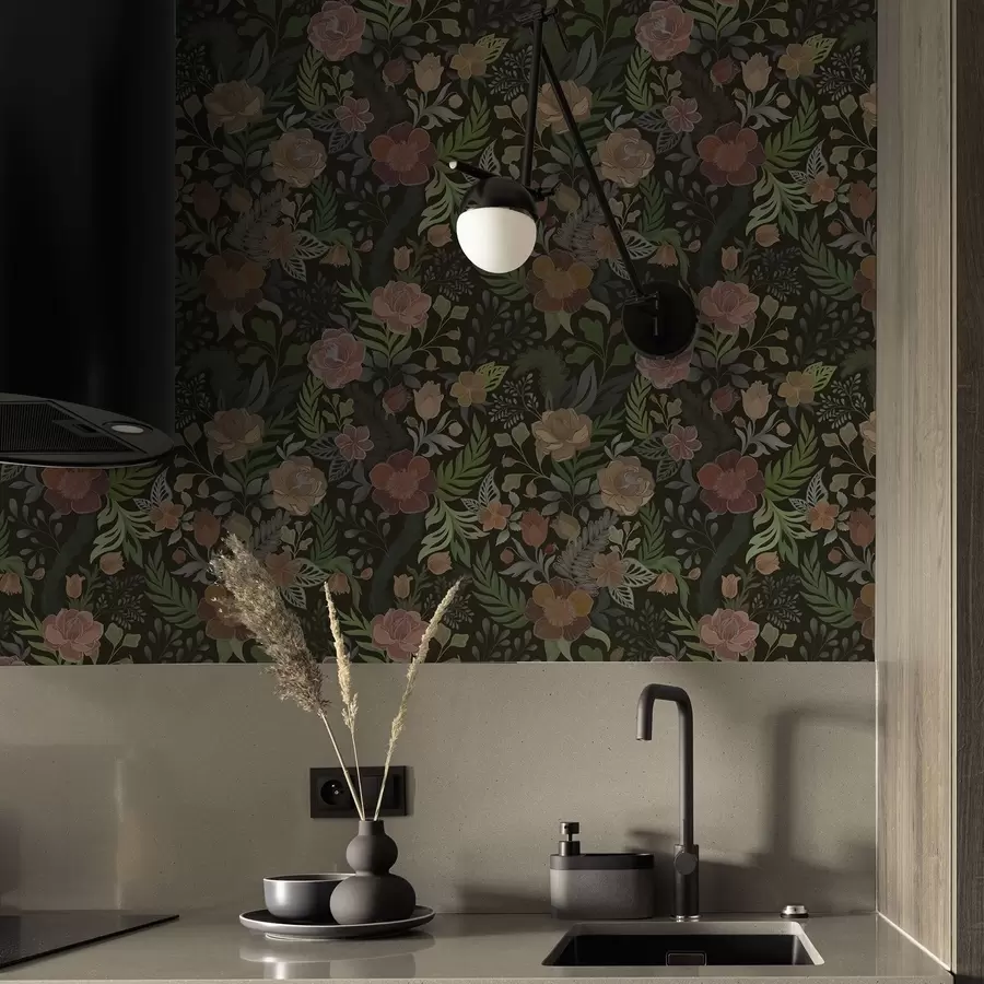 stenske poslikave Bogate cvetlice in zelenje na temnem ozadju a00932