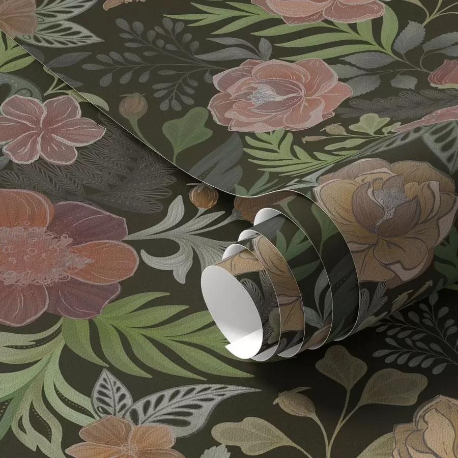 stenske poslikave Bogate cvetlice in zelenje na temnem ozadju a00932