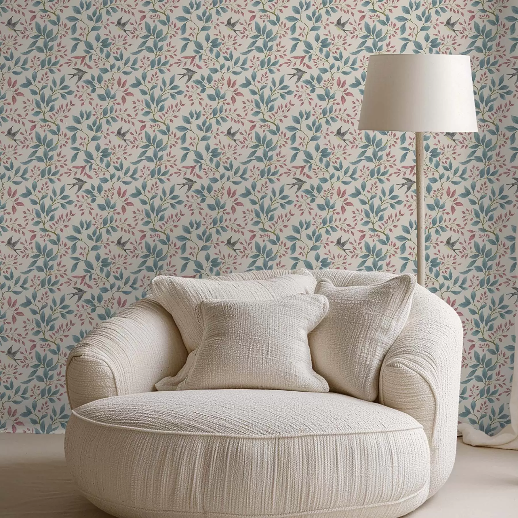 stenske poslikave Modre in rožnate veje s pticami na kremastem ozadju a00933