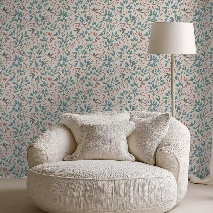 stenske poslikave Modre in rožnate veje s pticami na kremastem ozadju a00933