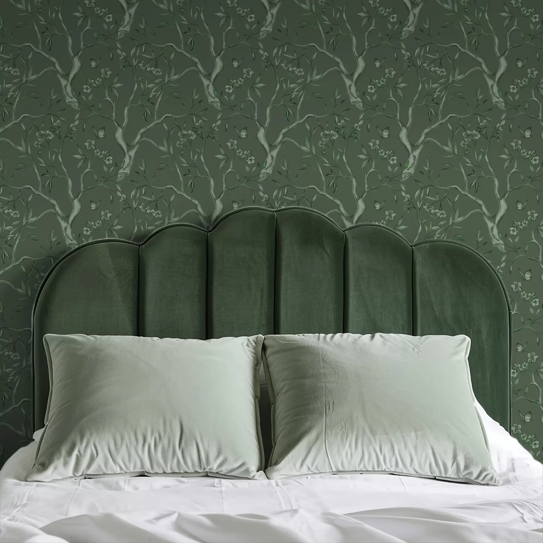 stenske poslikave Zelene cvetoče veje z metulji na temnem ozadju a00951v3