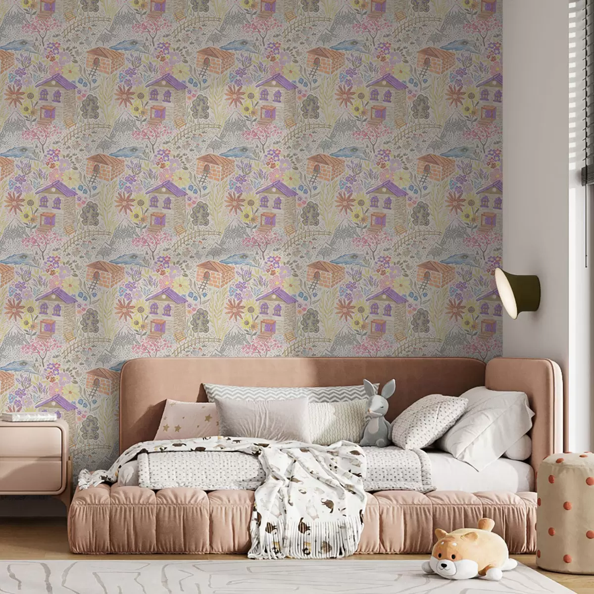 Ozadje Otroška risba vasi s hišo, gorami in cvetjem a00952