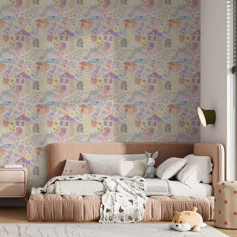 stenske poslikave Otroška risba vasi s hišo, gorami in cvetjem a00952