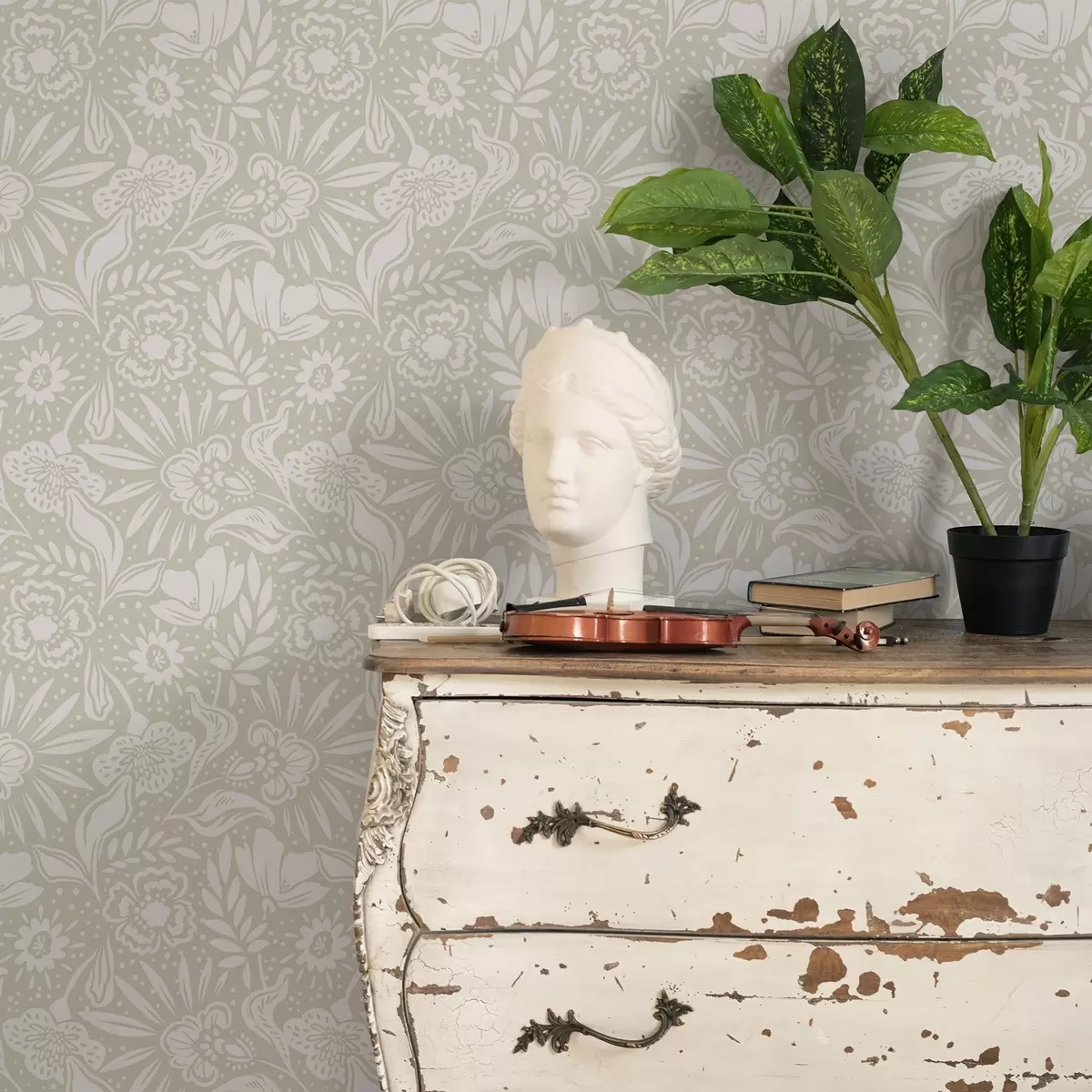 Ozadje Beli linearni cvetlični ornament na bež ozadju a00956