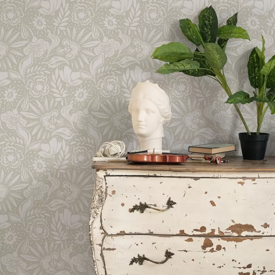 stenske poslikave Beli linearni cvetlični ornament na bež ozadju a00956