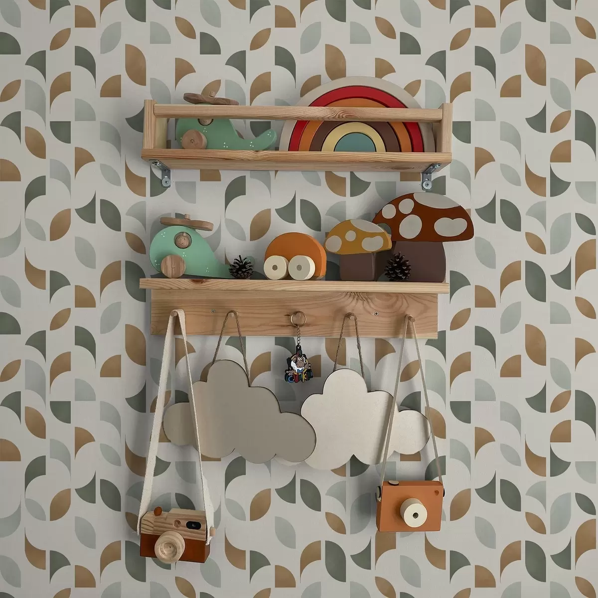 Ozadje Abstraktni polkrogi in listi v zeleni in terakotni barvi a00985