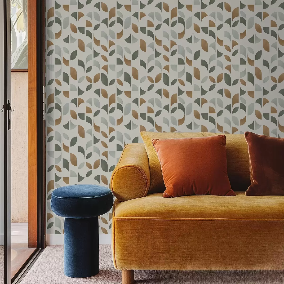 Ozadje Vertikalni stebri iz polkrogov in listov, zeleno-terakota a00986