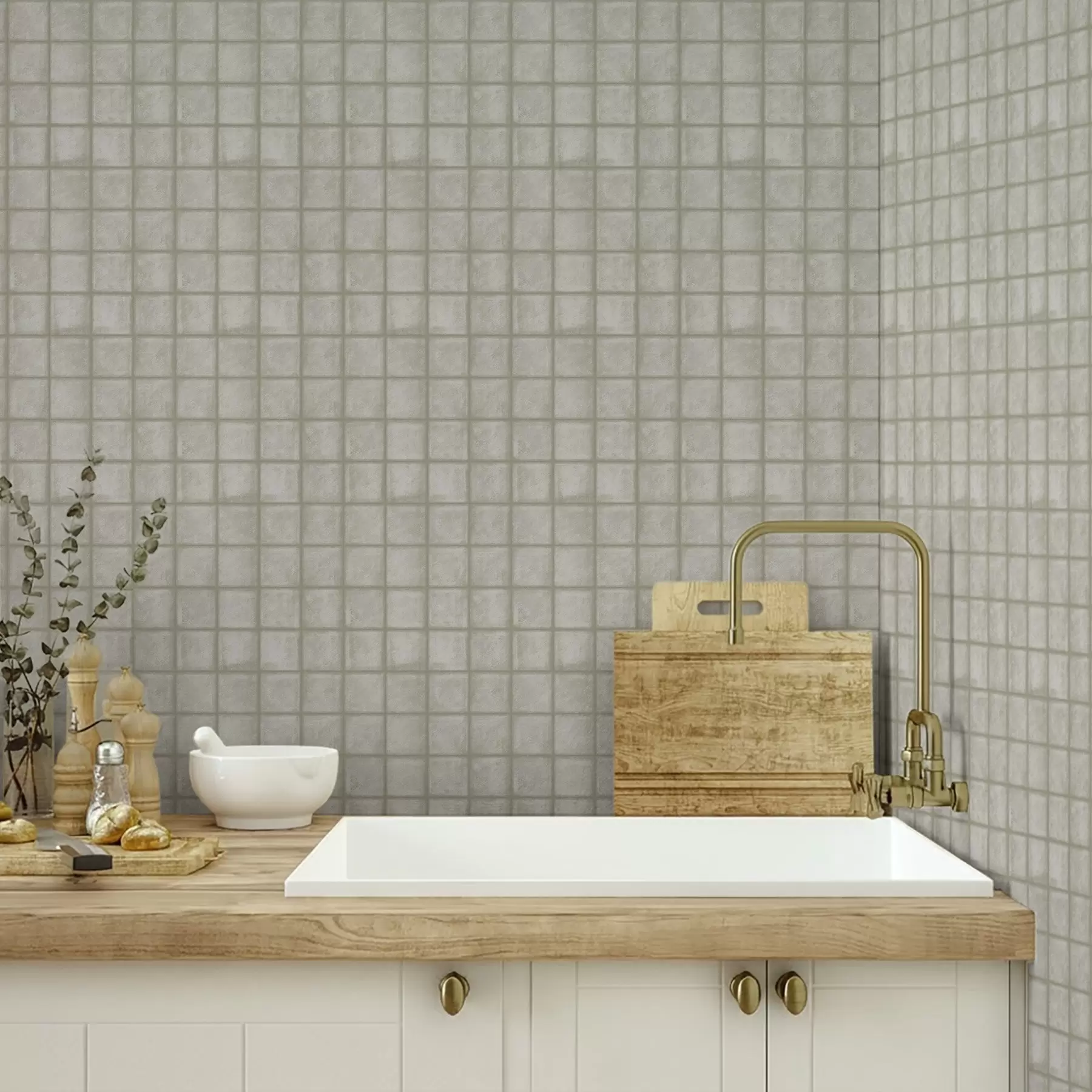 stenske poslikave Imitiranje kvadratnih ploščic v nežni sivo-zeleni barvni paleti a00988