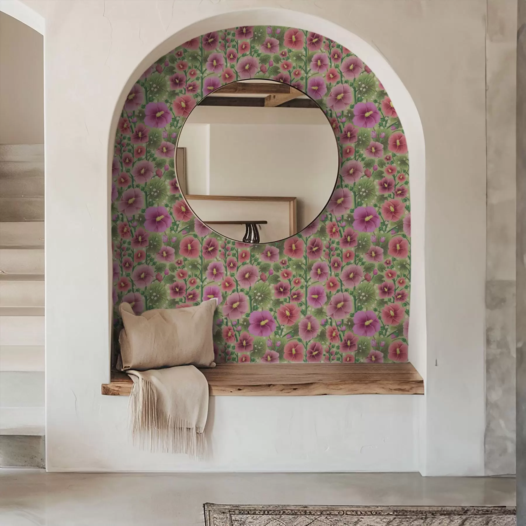 stenske poslikave Veliki cvetovi in listi hibiskusa na temno zelenem ozadju a00993