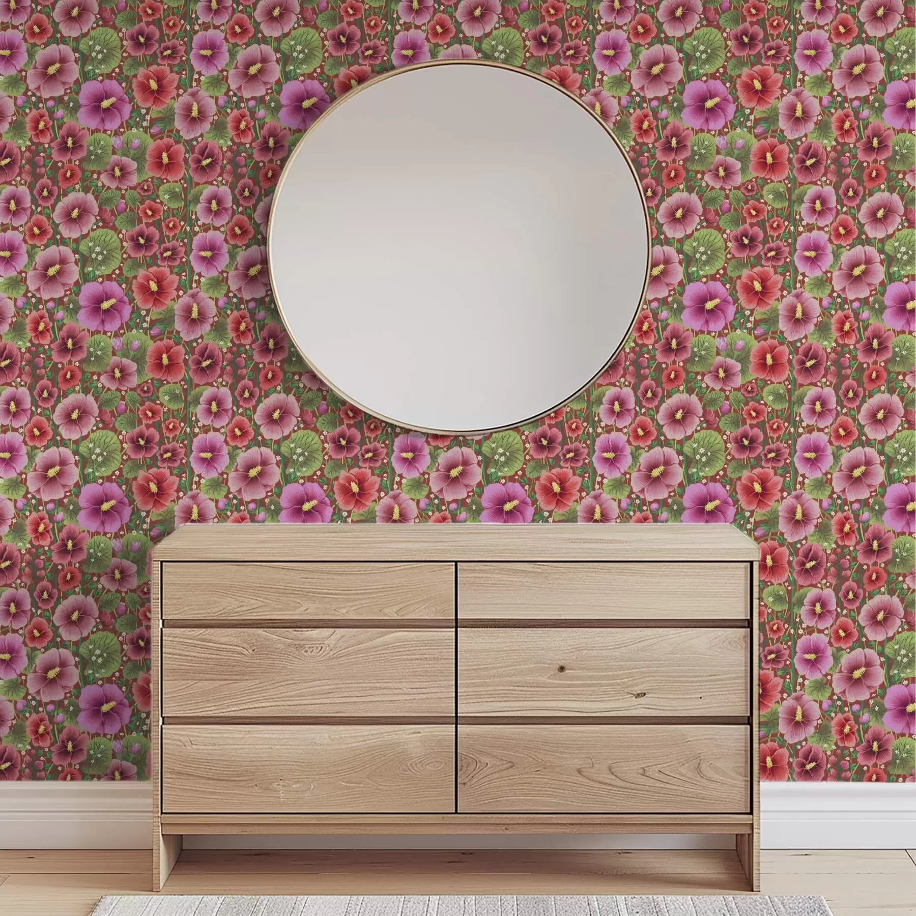 stenske poslikave Cvetoči hibiskus na topli rjavkasto-rdeči podlagi a00993v1