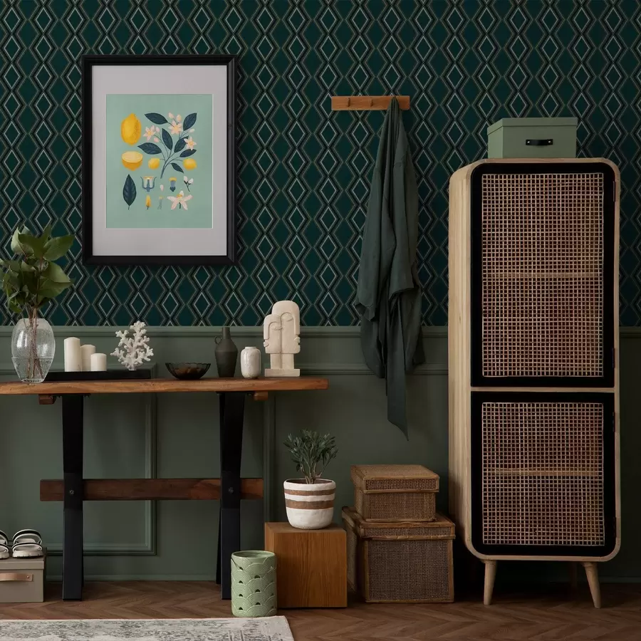 stenske poslikave Temno modrozeleno ozadje z navpičnimi vrstami rombov a00976