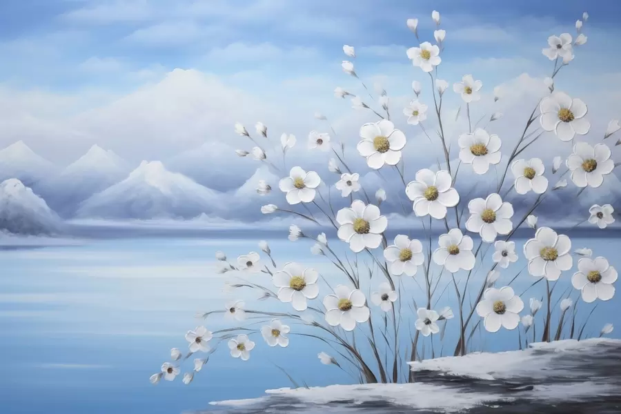 stenske poslikave Bele spomladanske rože ob ledenem jezeru s snežnimi gorami v slogu oljnega slikarstva w09526