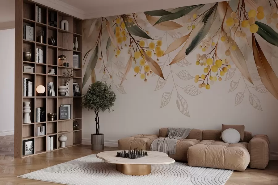 stenske poslikave cvetovi in listi mimoze, ki padajo z neba v akvarelnem slogu w04880