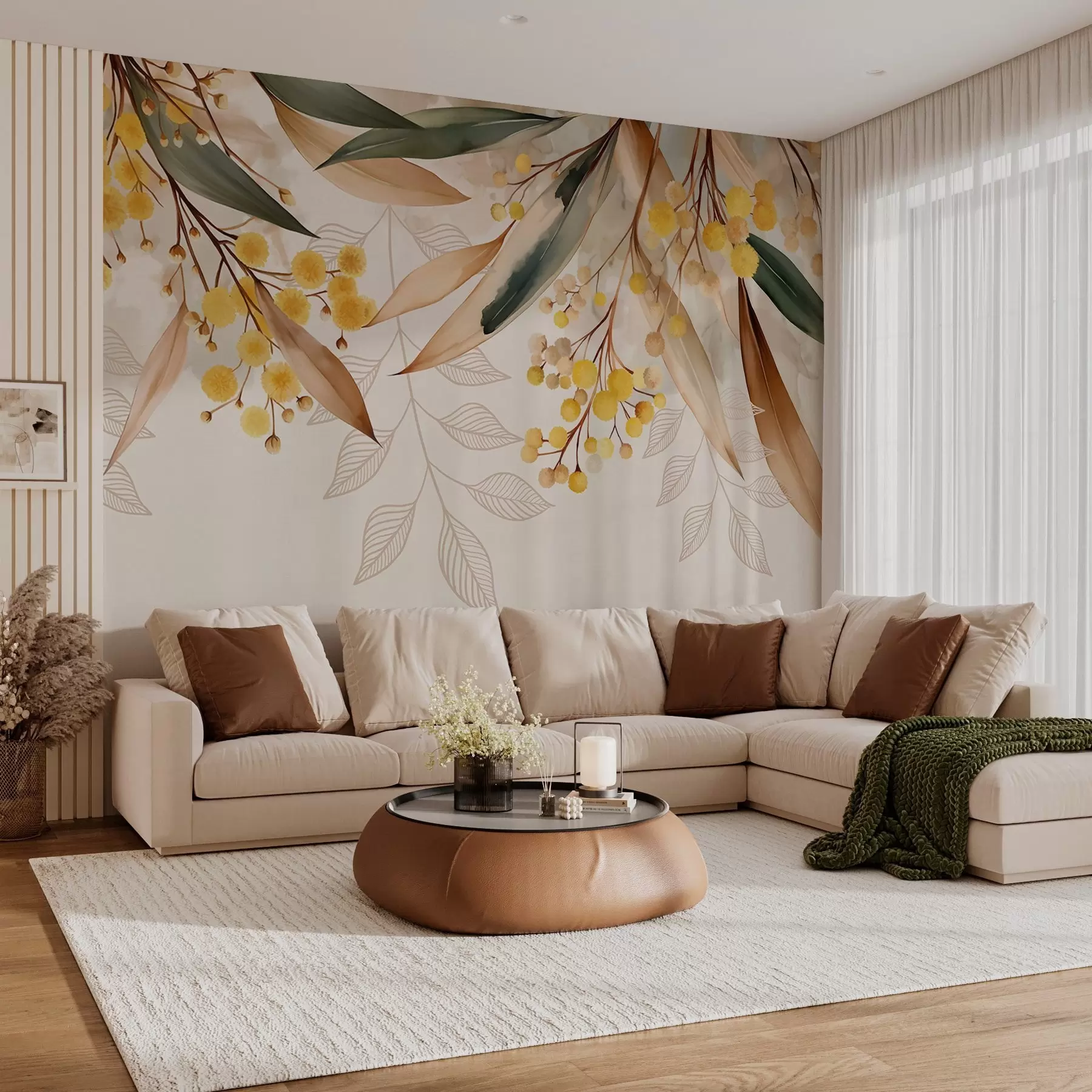 stenske poslikave cvetovi in listi mimoze, ki padajo z neba v akvarelnem slogu w04880