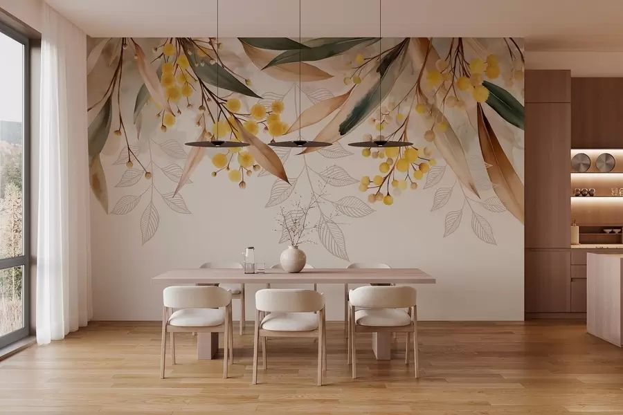 stenske poslikave cvetovi in listi mimoze, ki padajo z neba v akvarelnem slogu w04880