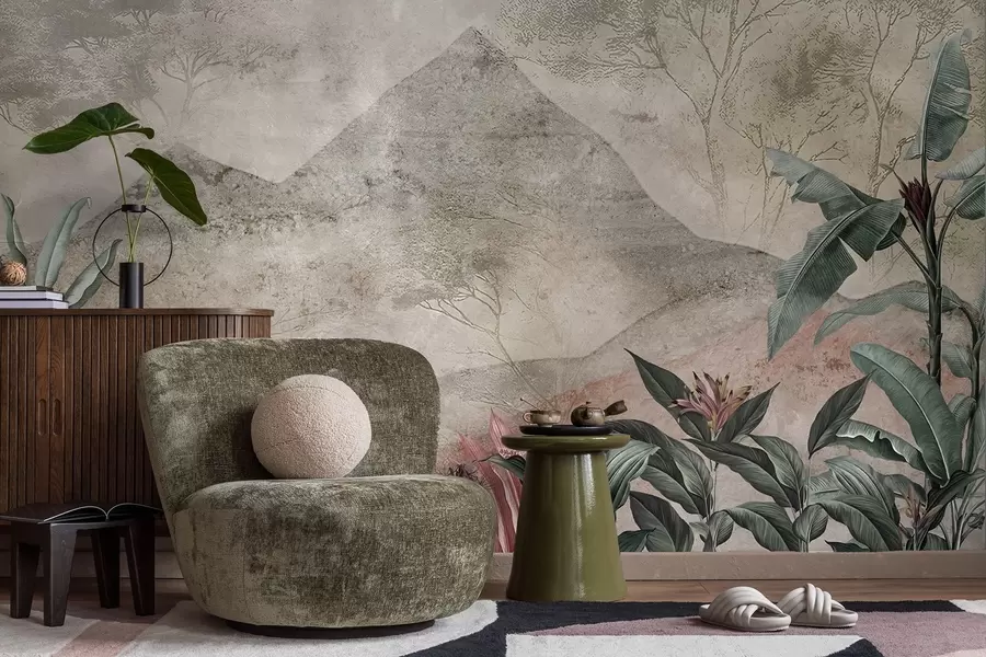 stenske poslikave Pastelni bananini listi in tropski cvetovi na ozadju gora w04933