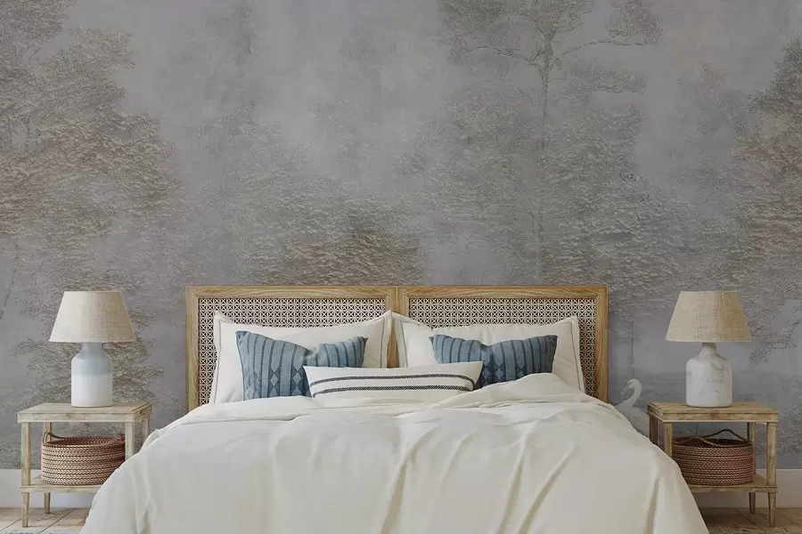 stenske poslikave Meglen gozd z belo čapljo in mehko teksturo w04953