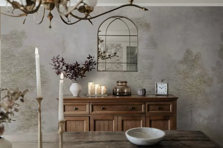 stenske poslikave Meglen gozd z belo čapljo in mehko teksturo w04953