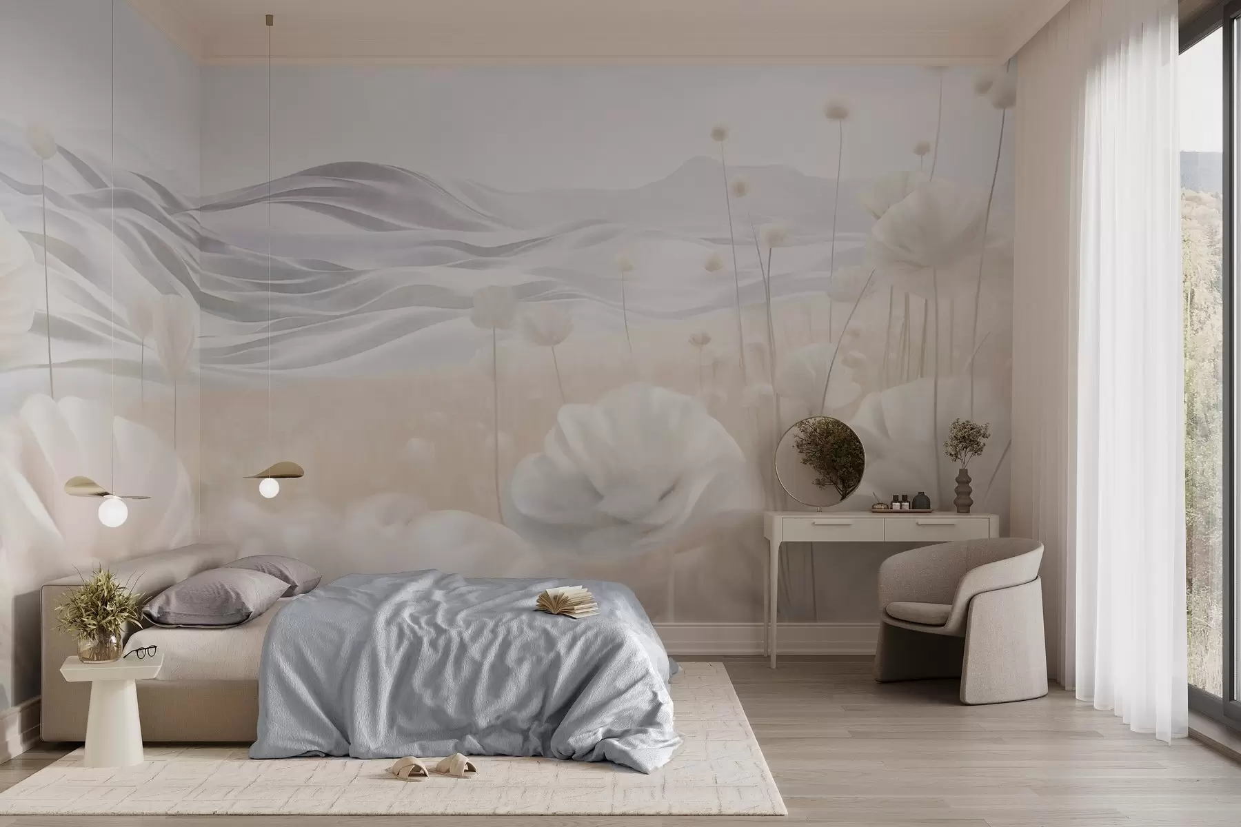 stenske poslikave Teksturirano polje kremastih makov z valovitimi griči pod bledo modrim nebom z mehkimi oblaki, pastelne barve w09553