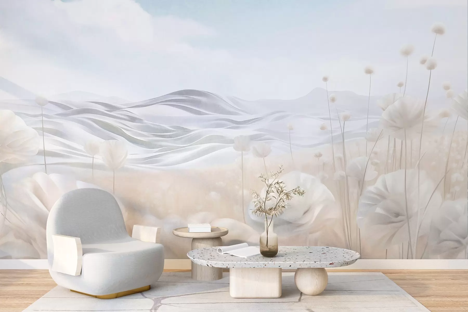 stenske poslikave Teksturirano polje kremastih makov z valovitimi griči pod bledo modrim nebom z mehkimi oblaki, pastelne barve w09553