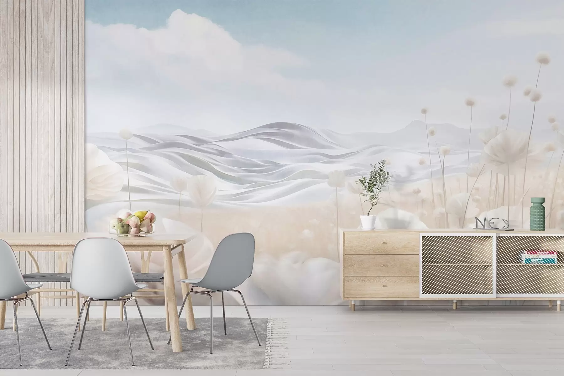 stenske poslikave Teksturirano polje kremastih makov z valovitimi griči pod bledo modrim nebom z mehkimi oblaki, pastelne barve w09553