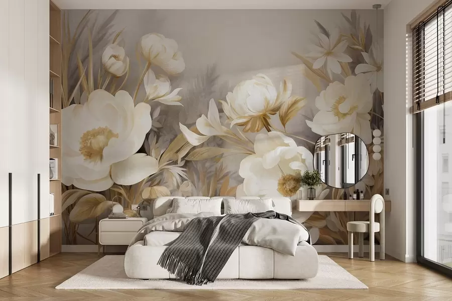 stenske poslikave Bele in rumene potonike ter druge cvetlice z visoko travo in listi v mehkem, slikarskem teksturiranem slogu w09494