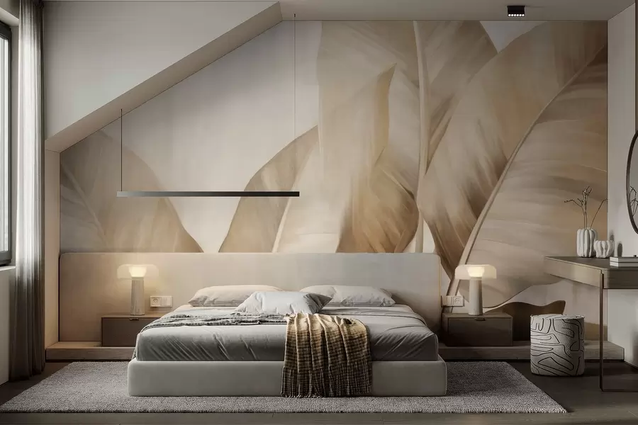 stenske poslikave Teksturirani veliki, svetlo rjavi bananini listi na svetlo bežnem ozadju, z mehko in minimalistično estetiko w09586