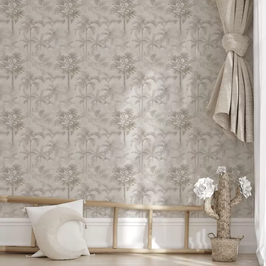 stenske poslikave Megleni nasad palm v toplih bež tonih a00881