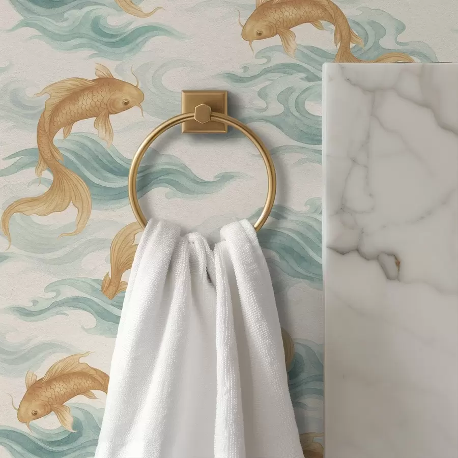 stenske poslikave Jantarne koi ribe plavajo med mehkimi turkiznimi valovi a00894