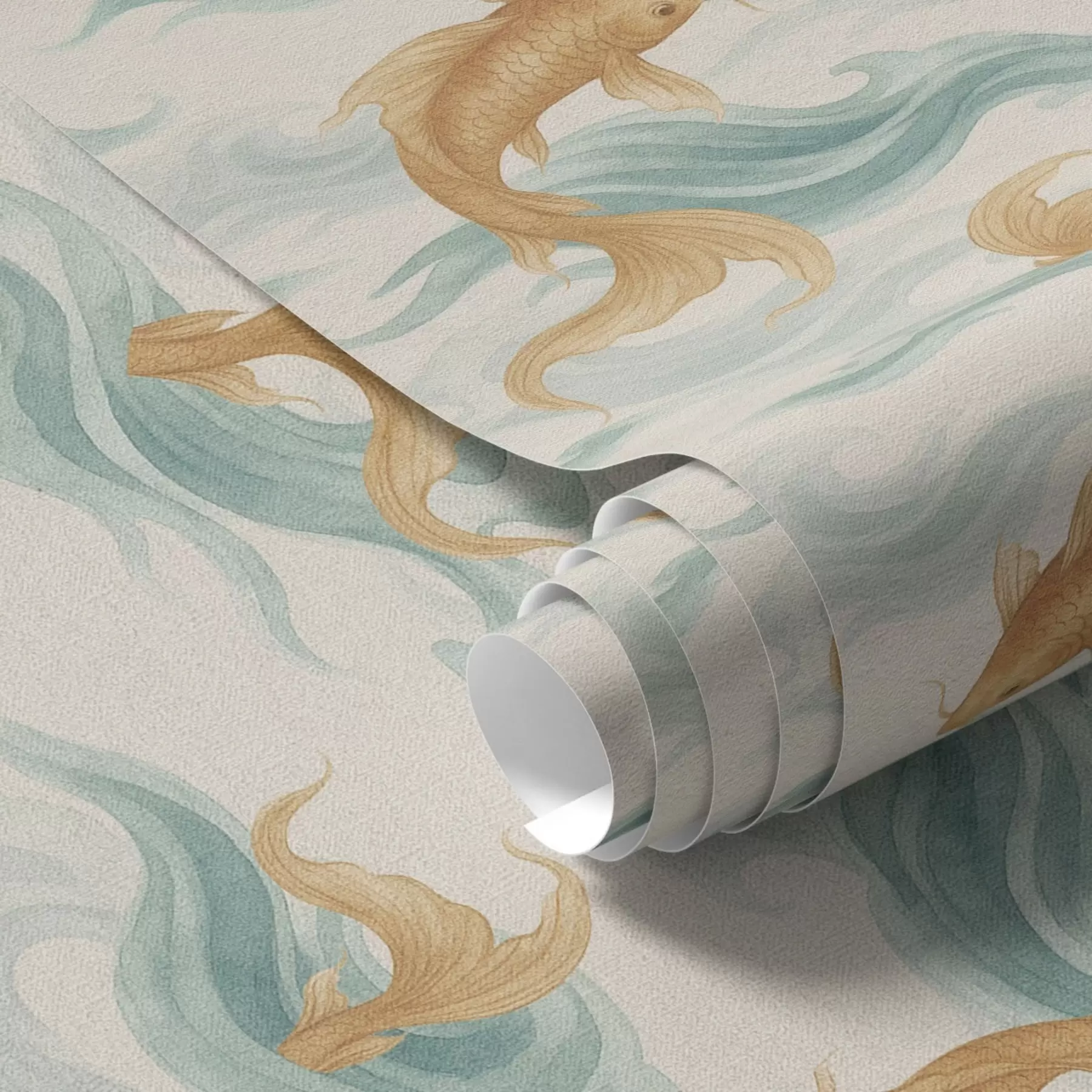 stenske poslikave Jantarne koi ribe plavajo med mehkimi turkiznimi valovi a00894