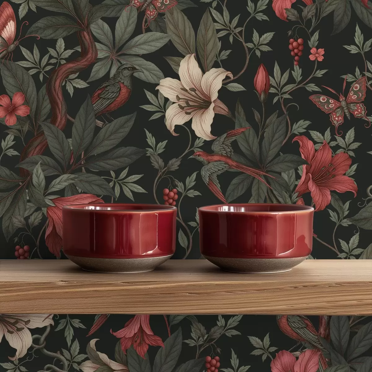 Ozadje Temni cvetlični motivi iz džungle s pticami in metulji a00895