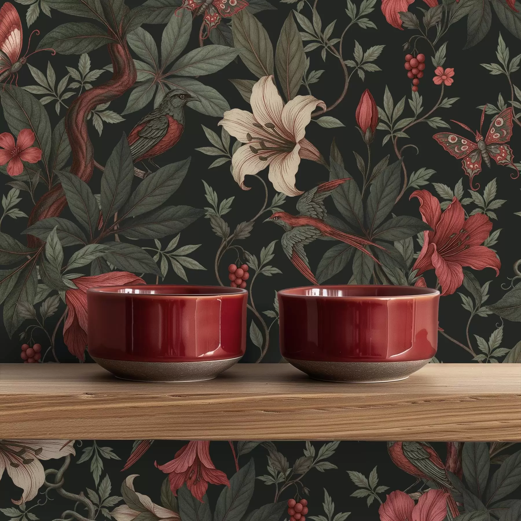 stenske poslikave Temni cvetlični motivi iz džungle s pticami in metulji a00895