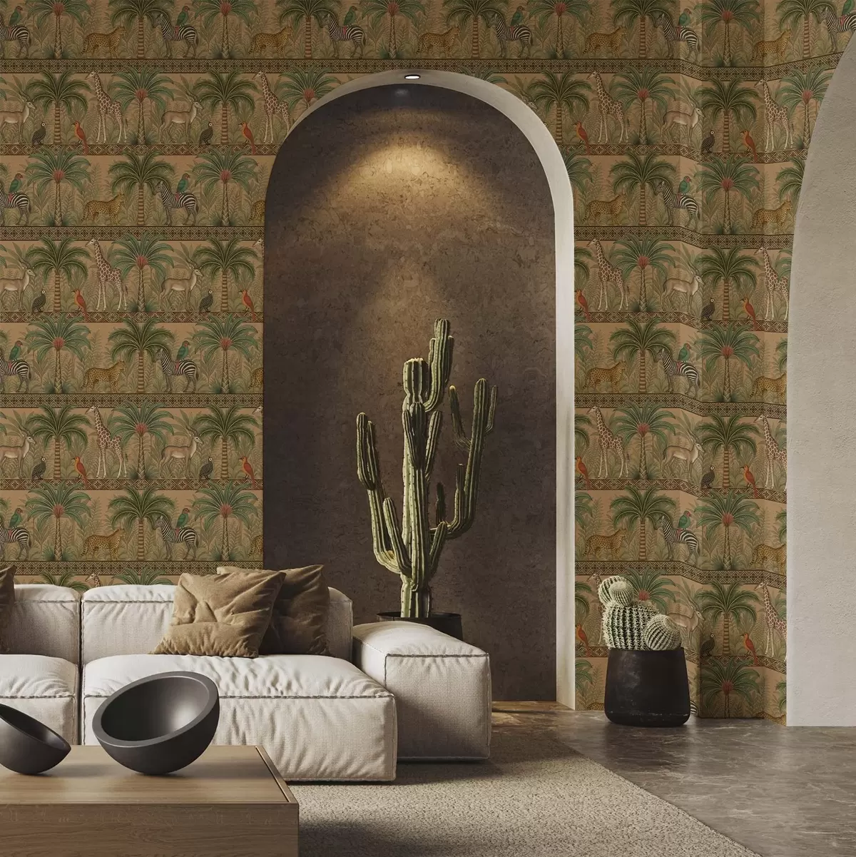 Ozadje Dekorativne živali savane med palmami in obrobji a00898