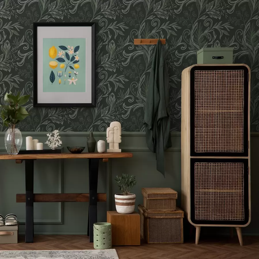 stenske poslikave Globoki gozd z zavitimi listi v kredastih zelenih odtenkih a00935v2