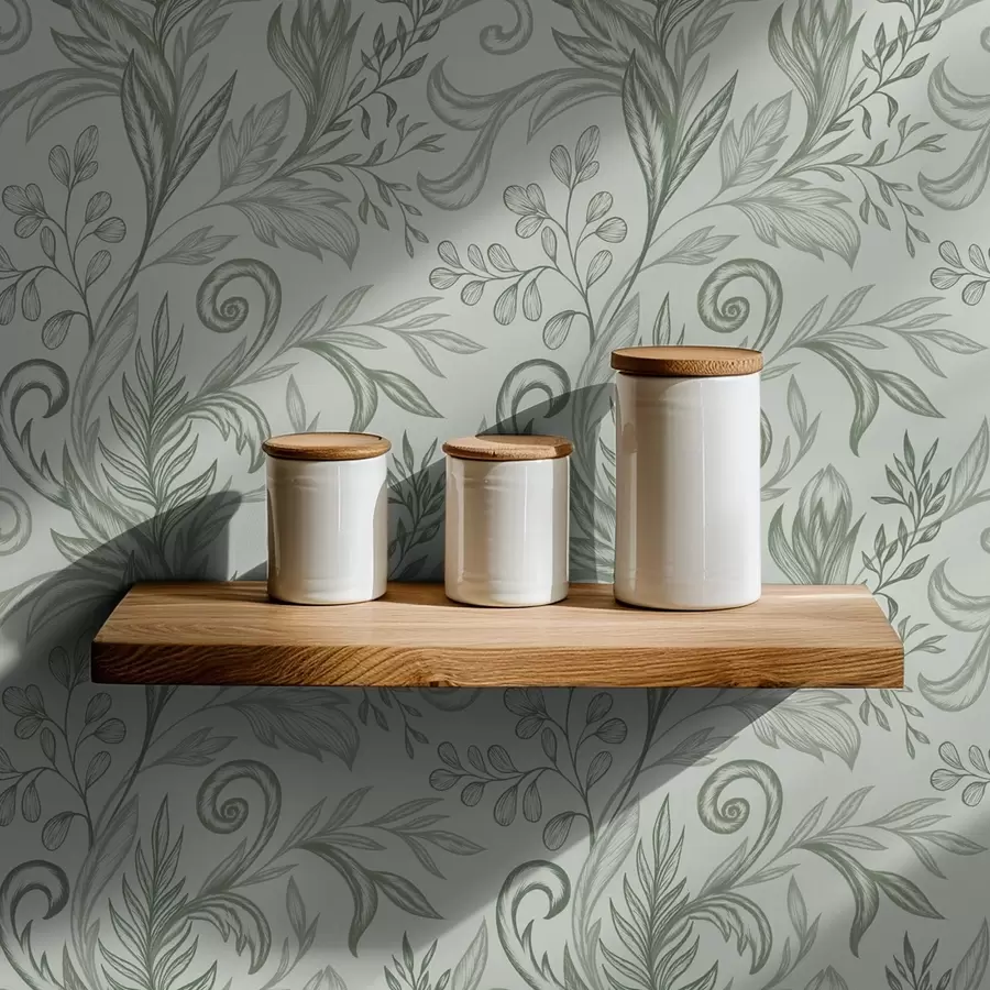 stenske poslikave Mehki listi mete v nežnih sivo-zelenih linijah a00935v3