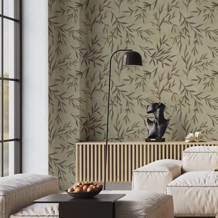 stenske poslikave Lilac in zelene veje z listi na topli podlagi a00936v4