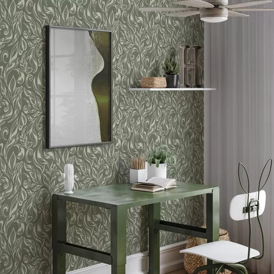 stenske poslikave Kremast listnat ornament na zelenkasto-sivem ozadju a00940v2