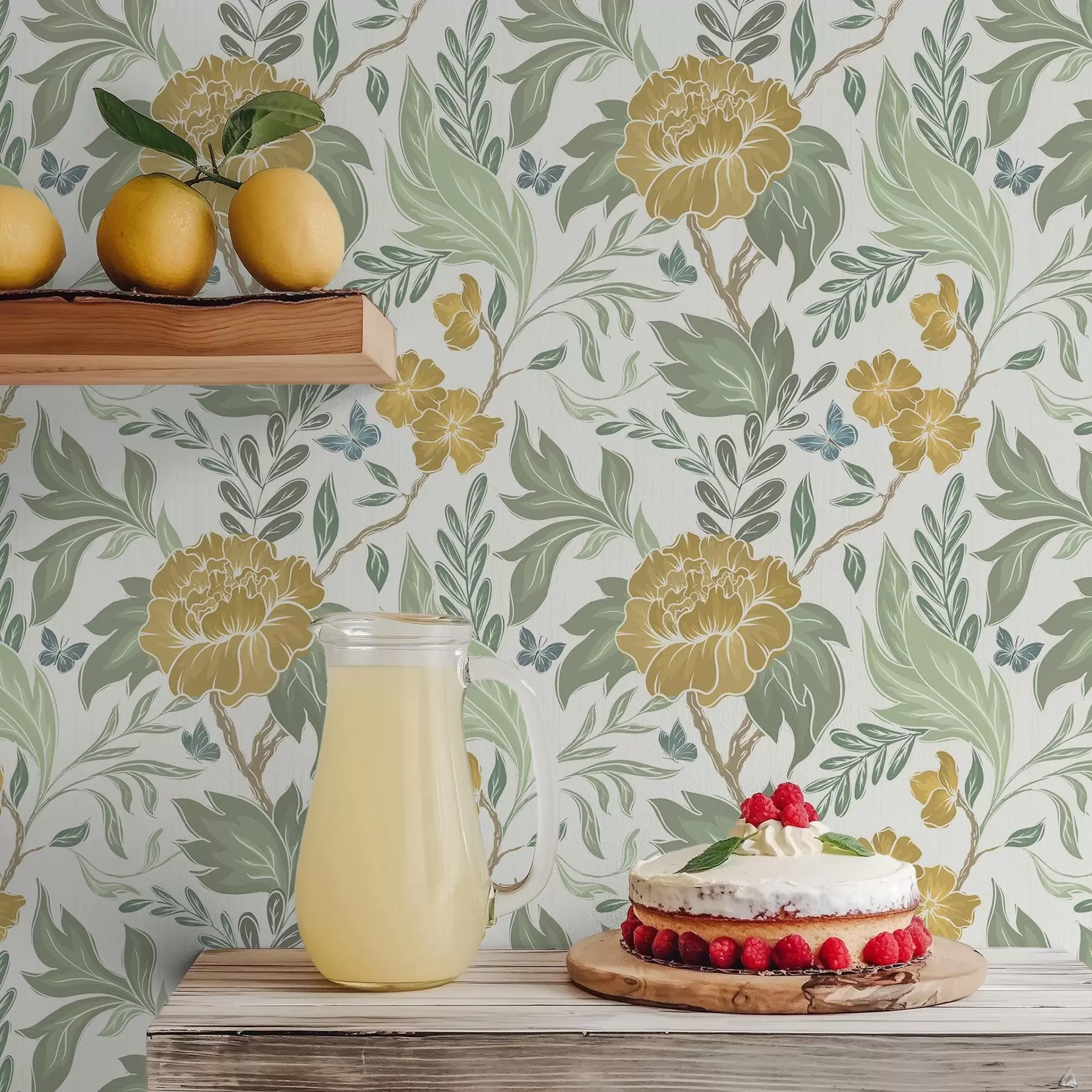 stenske poslikave Velike rumene potonike in zelenje na svetlem ozadju a00941