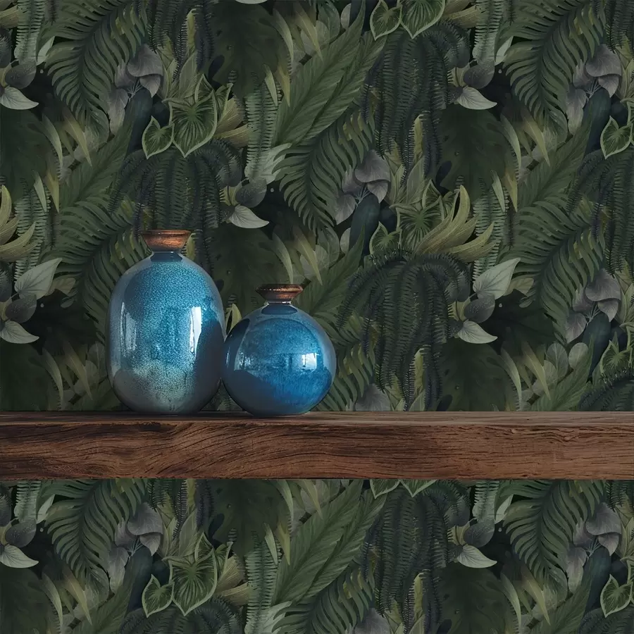 stenske poslikave Gosto tropsko listje v temno zelenih grmovjih a00943