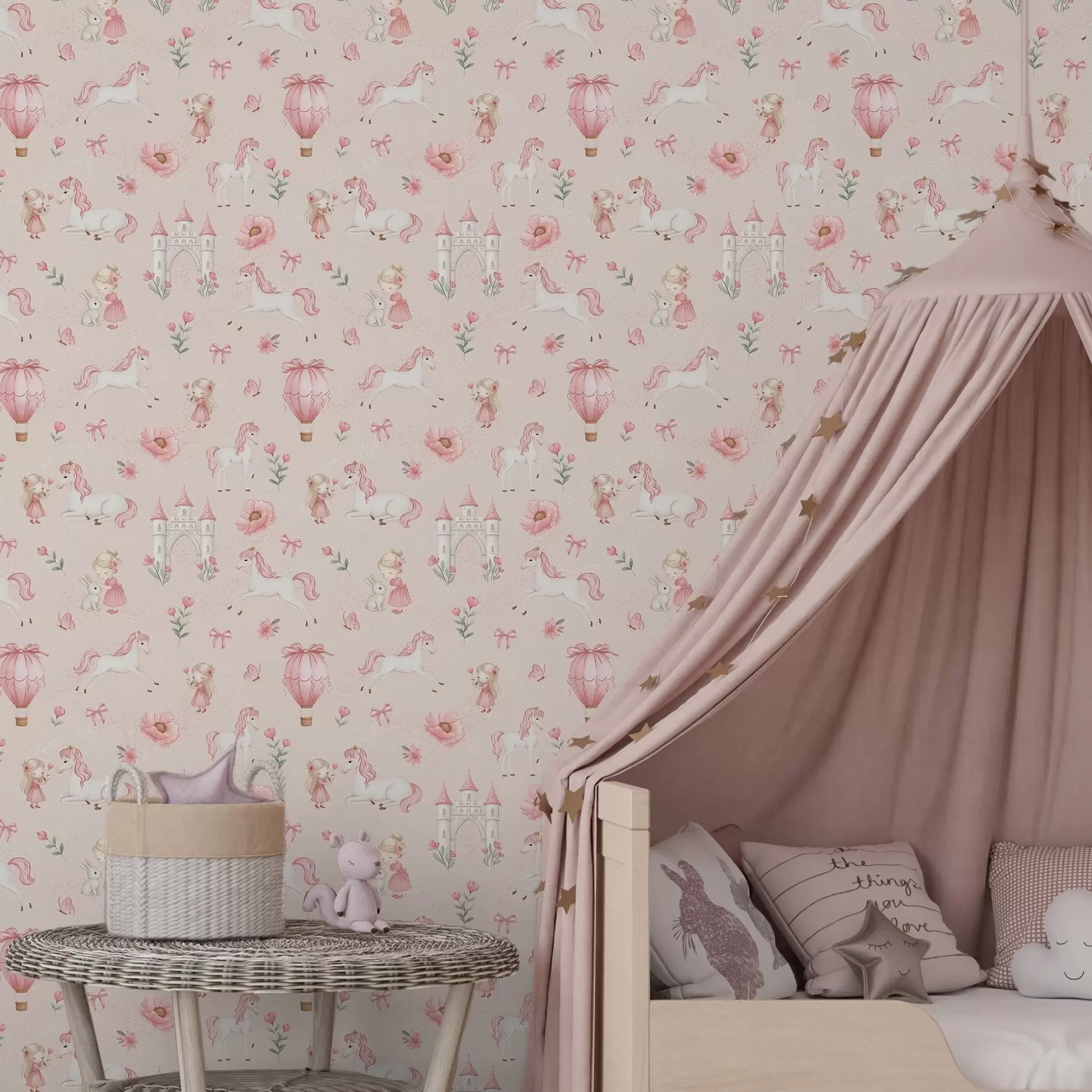 stenske poslikave Roza enorogi, deklice in grad na mehkem ozadju a00957