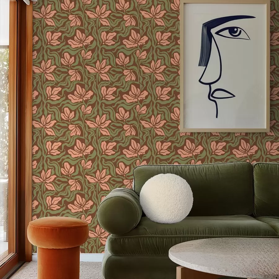 stenske poslikave Breskveve cvetovi in zelenje na temno rjavem ozadju a00958v2