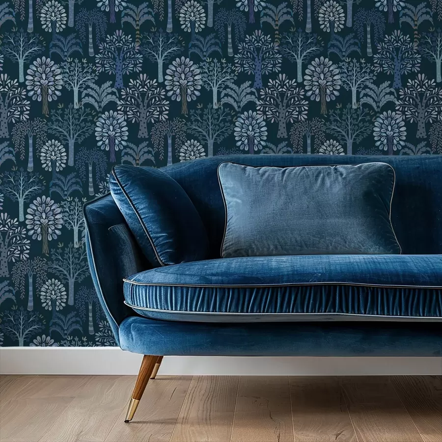 stenske poslikave Nočni gozd z okrasnimi drevesi v modrih odtenkih a00960v2