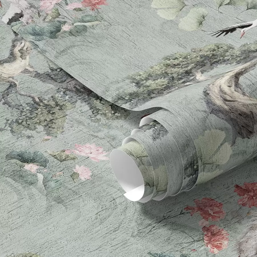 stenske poslikave Žerjavi med borovci in lotusi na mirnem zelenem ozadju a00962