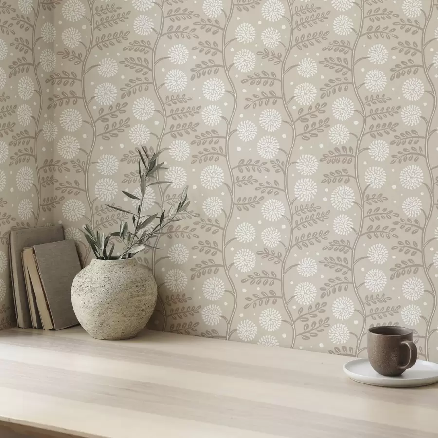 stenske poslikave Bež stebla z belimi puhastimi cvetovi in mehkimi pikami a00997