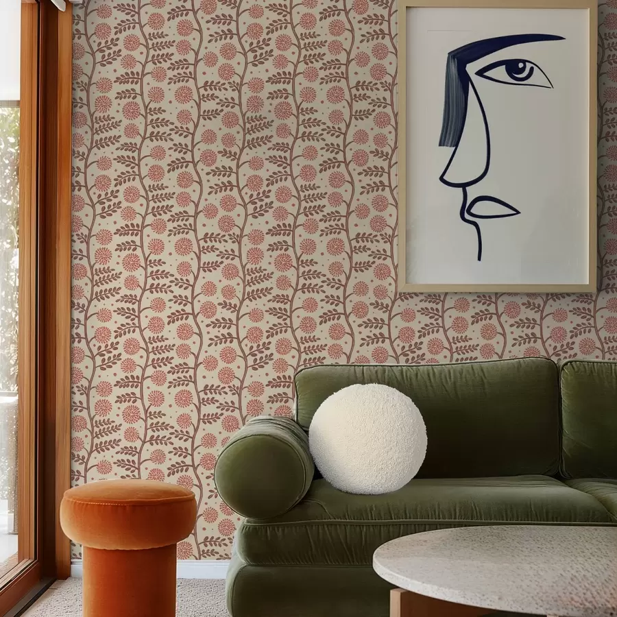 stenske poslikave Terakotni stebli s koralnimi puhastimi cvetovi na kremastem ozadju a00997v1