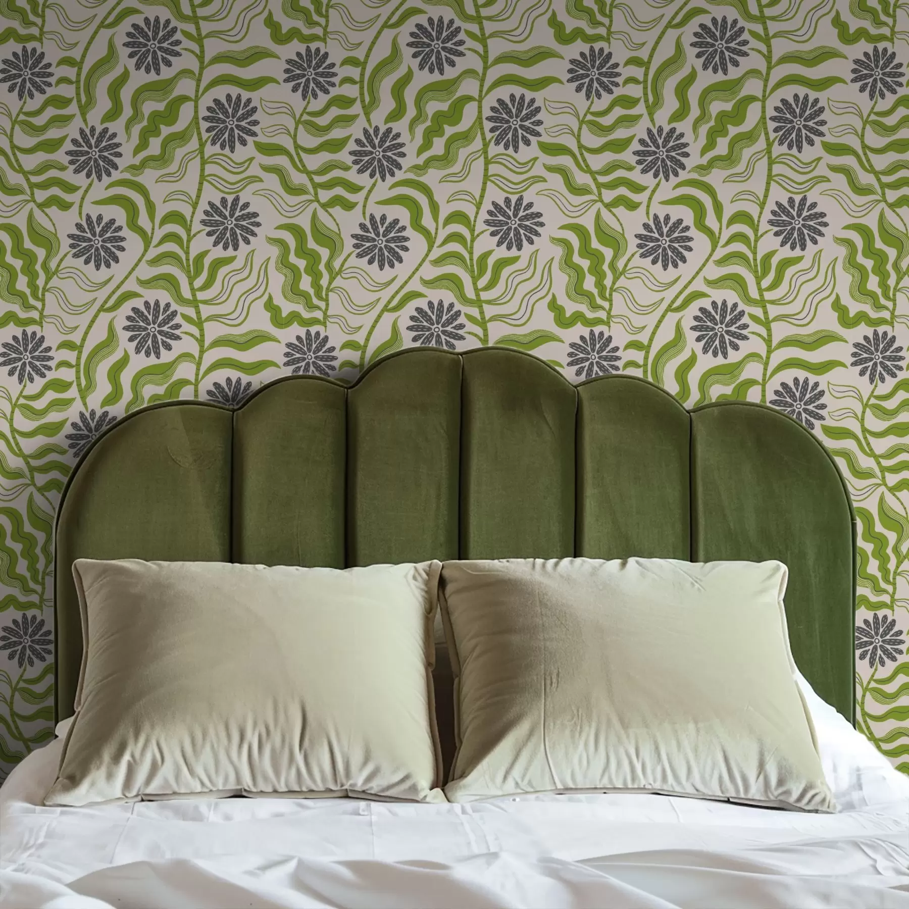 stenske poslikave Igrive zelene marjetice z valovitimi listi na kremastem ozadju a00998