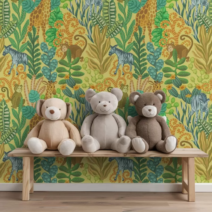 stenske poslikave Žirafa, zebra in opica v svetlo rumeni savani a01000v1